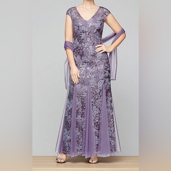 Alex Evening Elegant Purple Lace Evening Gown